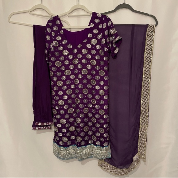 Purple Foil Salwar Kameez Indian 3-Piece Set – Size 40 - Picture 10 of 15